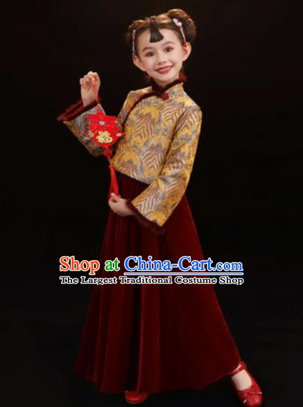 Chinese New Year Performance Purplish Red Dress National Kindergarten Girls Dance Stage Show Costume for Kids