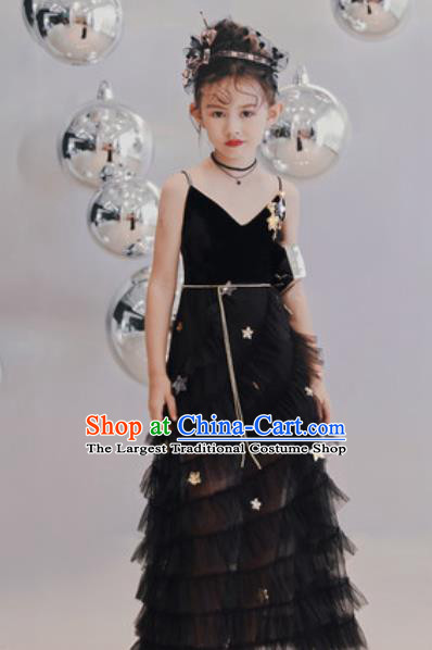 Top Grade Christmas Day Dance Performance Black Veil Full Dress Kindergarten Girl Stage Show Costume for Kids