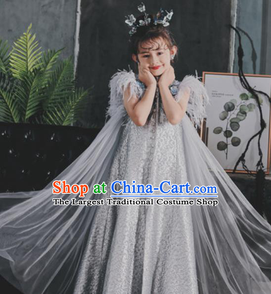 Top Grade Christmas Day Dance Performance Grey Full Dress Kindergarten Girl Stage Show Costume for Kids