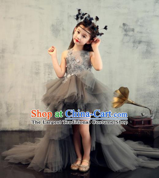 Top Grade Christmas Day Dance Performance Grey Veil Trailing Full Dress Kindergarten Girl Stage Show Costume for Kids