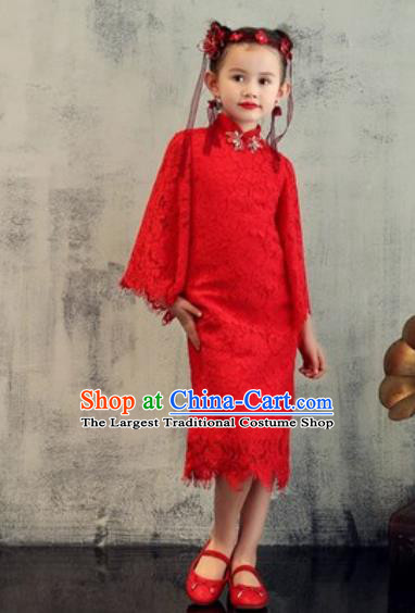 Chinese New Year Performance Red Lace Qipao Dress National Kindergarten Girls Dance Stage Show Costume for Kids