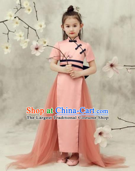 Chinese New Year Performance Pink Veil Qipao Dress National Kindergarten Girls Dance Stage Show Costume for Kids