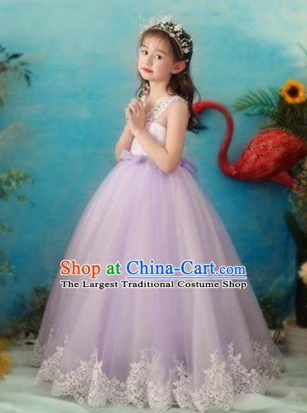 Top Grade Christmas Day Dance Performance Purple Veil Full Dress Kindergarten Girl Stage Show Costume for Kids