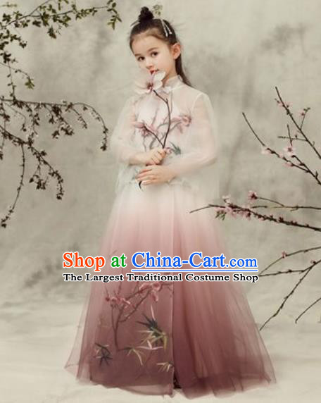 Chinese New Year Performance Wine Red Veil Qipao Dress National Kindergarten Girls Dance Stage Show Costume for Kids