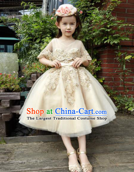 Top Grade Christmas Day Dance Performance Flowers Fairy Beige Full Dress Kindergarten Girl Stage Show Costume for Kids