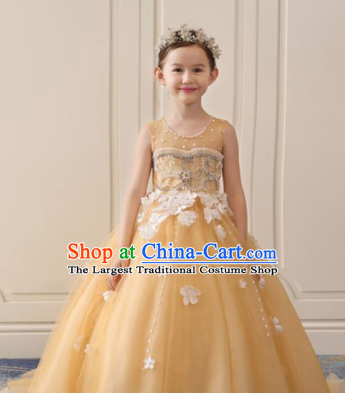 Top Grade Christmas Day Dance Performance Yellow Veil Trailing Full Dress Kindergarten Girl Stage Show Costume for Kids