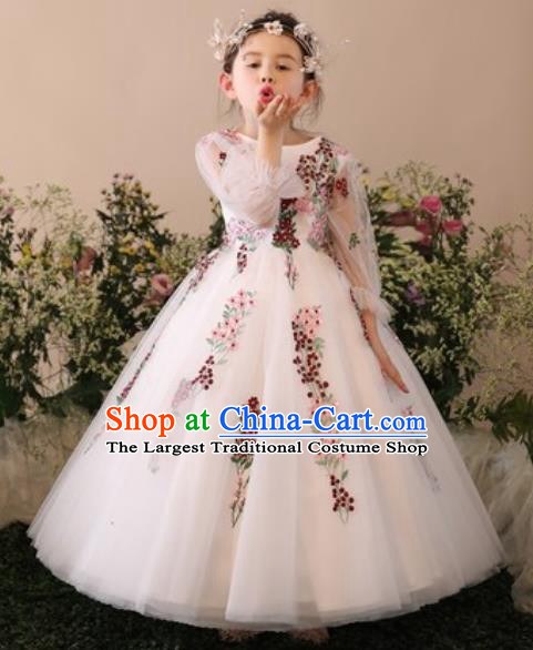 Top Grade Christmas Day Dance Performance Flowers Fairy White Full Dress Kindergarten Girl Stage Show Costume for Kids