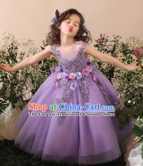 Top Grade Christmas Day Dance Performance Flowers Fairy Purple Full Dress Kindergarten Girl Stage Show Costume for Kids