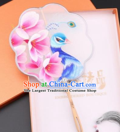 Chinese Traditional Suzhou Embroidery Pink Flowers Peacock Palace Fans Embroidered Fans Embroidering Craft