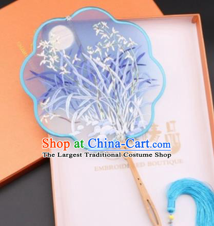 Chinese Traditional Suzhou Embroidery Blue Orchid Palace Fans Embroidered Fans Embroidering Craft