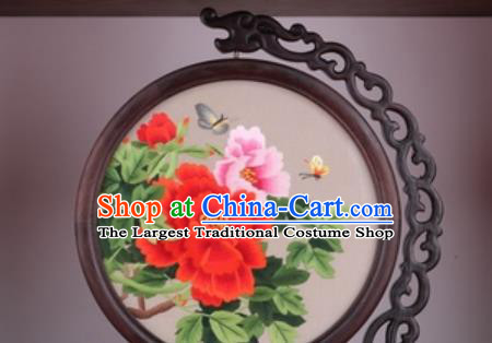 Chinese Traditional Suzhou Embroidery Peony Table Folding Screen Embroidered Rosewood Decoration Embroidering Craft