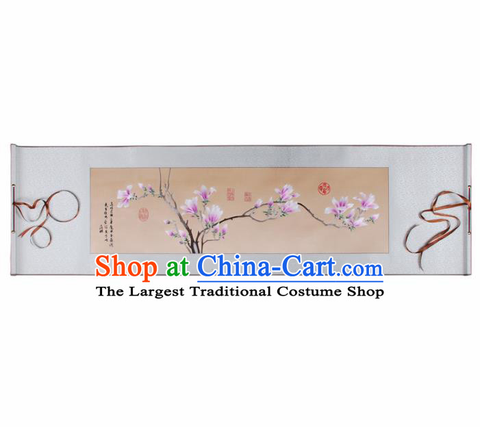 Traditional Chinese Handmade Suzhou Embroidery Yulan Magnolia Wall Picture Embroidered Scroll Embroidery Craft