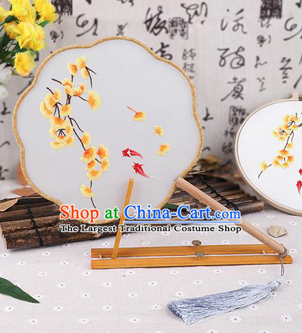 Chinese Traditional Handmade Embroidery Ginkgo Leaf Silk Fan Embroidered Palace Fans