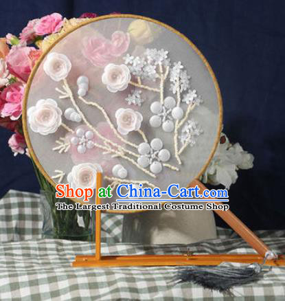 Chinese Traditional Handmade Embroidery White Camellia Round Fan Embroidered Palace Fans