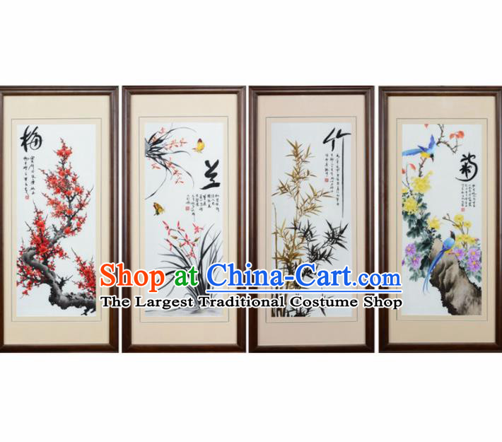 Traditional Chinese Handmade Suzhou Embroidery Plum Orchid Bamboo Chrysanthemum Wall Picture Embroidered Scroll Embroidery Craft