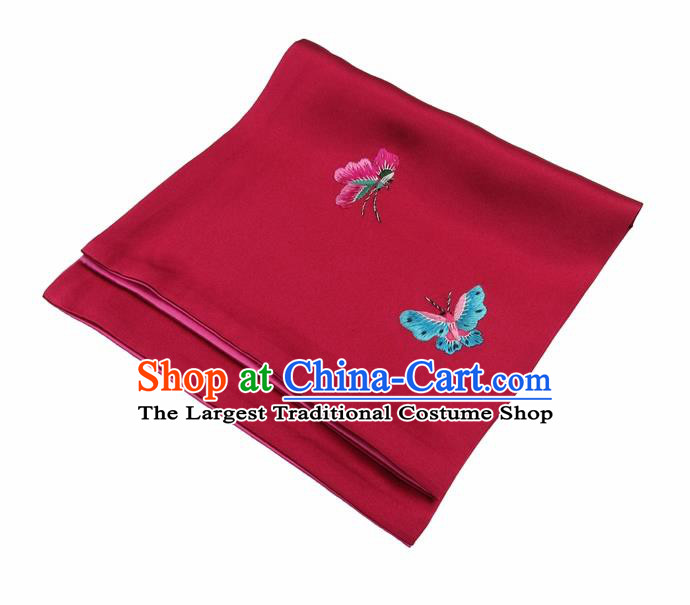 Chinese Traditional Handmade Embroidery Butterfly Wine Red Silk Handkerchief Embroidered Hanky Suzhou Embroidery Noserag Craft