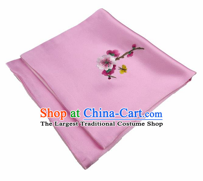 Chinese Traditional Handmade Embroidery Plum Blossom Peach Pink Silk Handkerchief Embroidered Hanky Suzhou Embroidery Noserag Craft