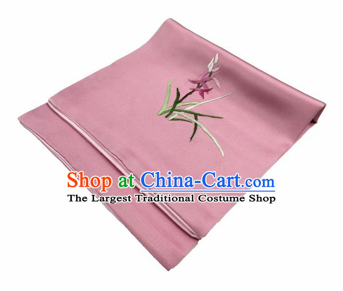 Chinese Traditional Handmade Embroidery Orchid Pink Silk Handkerchief Embroidered Hanky Suzhou Embroidery Noserag Craft