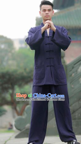 Traditional Chinese Wudang Taoist Priest Kung Fu Tai Chi Navy Outfits Martial Arts Competition Costume for Men