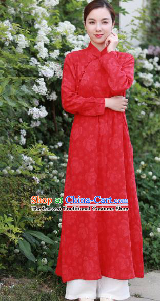 Chinese Traditional Martial Arts Red Qipao Dress Tang Suit Kung Fu Tai Chi Costume for Women