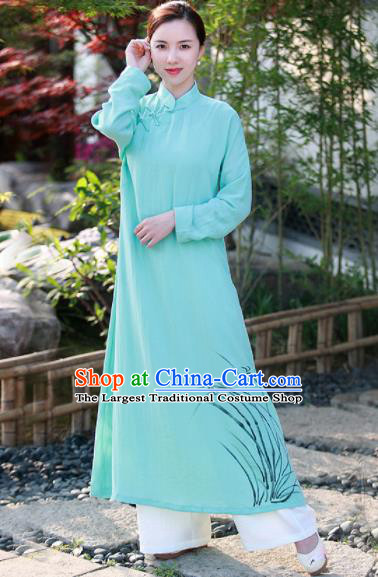 Chinese Traditional Tang Suit Painting Orchid Green Qipao Dress Classical Cheongsam Costume for Women