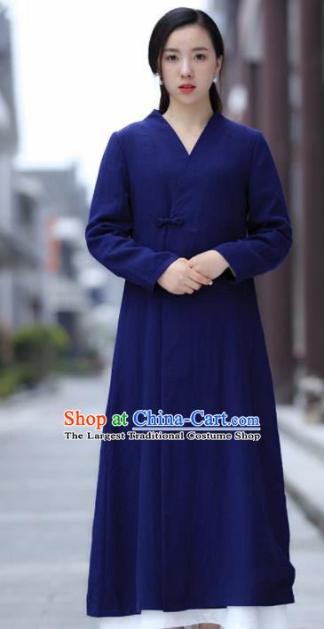 Chinese Traditional Tang Suit Royalblue Flax Dust Coat Classical Overcoat Costume for Women