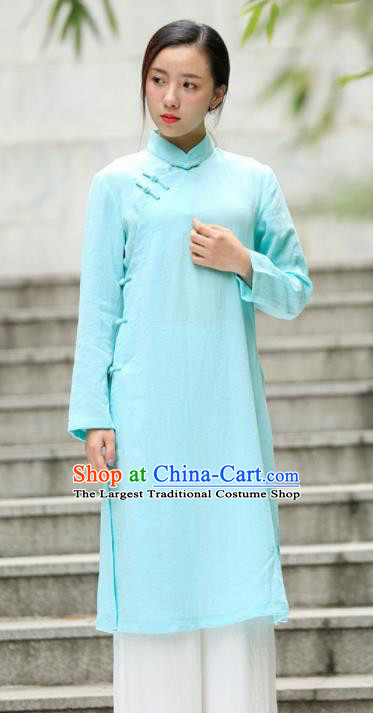 Chinese Traditional Tang Suit Light Blue Flax Qipao Blouse Classical Overcoat Costume for Women