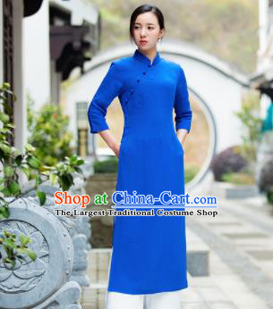 Chinese Traditional Tang Suit Royalblue Qipao Dress Martial Arts Kung Fu Tai Chi Costume for Women