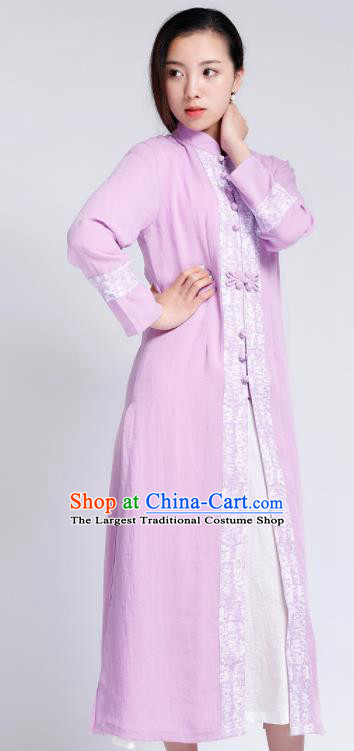 Chinese Traditional Tang Suit Lilac Flax Cardigan Classical Overcoat Costume for Women