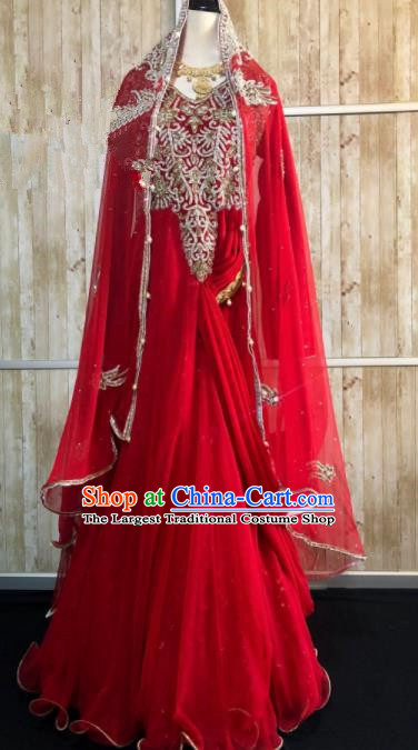 South Asia  Indian Bride Red Costumes Traditional   India Hui Nationality Wedding Luxury Embroidered Dress for Women