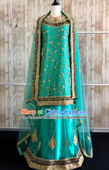 South Asia  Indian Bride Green Dress Traditional   India Hui Nationality Wedding Luxury Embroidered Costumes for Women