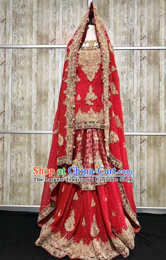 South Asia  Indian Bride Red Dress Traditional   India Court Hui Nationality Wedding Costumes for Women