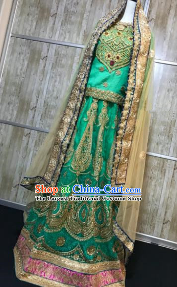 South Asia  Indian Court Queen Green Embroidered Dress Traditional   India Hui Nationality Bride Wedding Costumes for Women