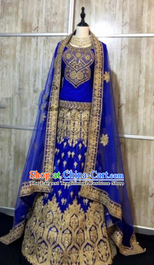 Asian  Indian Court Bride Embroidered Royalblue Wedding Dress Traditional   India Hui Nationality Costumes for Women