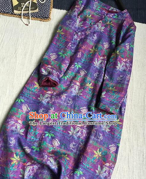 Chinese Traditional Tang Suit Printing Purple Flax Cheongsam National Costume Qipao Dress for Women