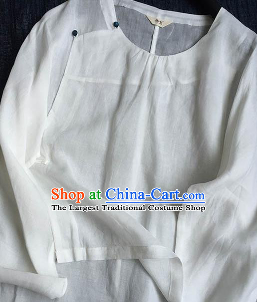 Chinese Traditional Tang Suit White Ramie Blouse National Upper Outer Garment Costume for Women