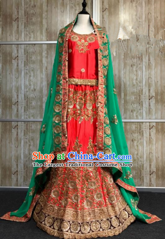 South Asia  Indian Court Queen Wedding Orange Embroidered Dress Traditional   India Hui Nationality Bride Costumes for Women