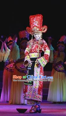 Phoenix Flying Qiang Dance Traditional Chinese Qiang Ethnic Minority Dance Wedding Red Dress and Headwear for Women