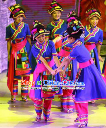 Phoenix Flying Qiang Dance Traditional Chinese Qiang Nationality Dance Blue Dress and Headwear for Women