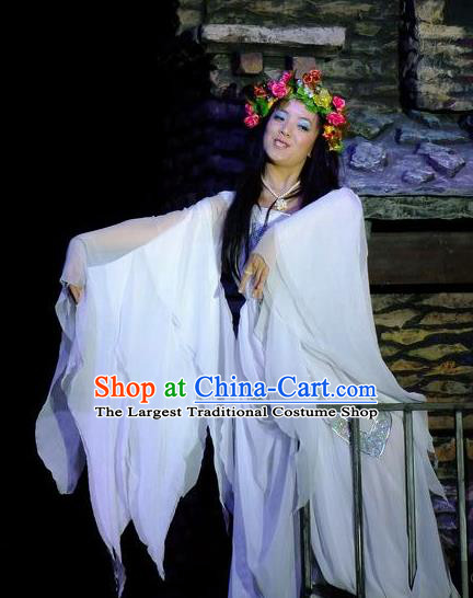 Phoenix Flying Qiang Dance Traditional Chinese Classical Dance White Dress and Headwear for Women