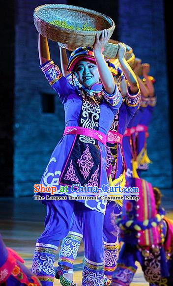 Phoenix Flying Qiang Dance Traditional Chinese Qiang Ethnic Minority Dance Blue Costume and Headwear for Women