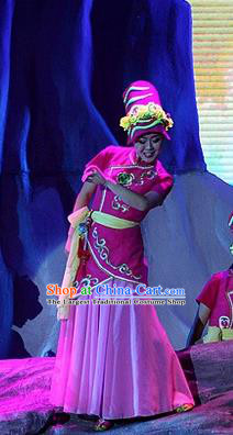 Phoenix Flying Qiang Dance Traditional Chinese Qiang Ethnic Minority Dance Rosy Costume and Headwear for Women