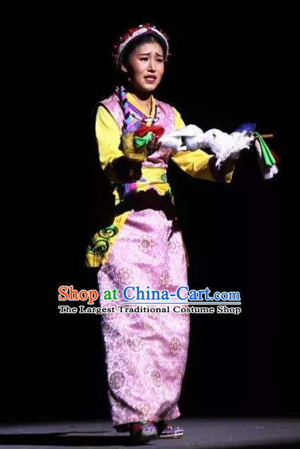 Lang SaWenBo Traditional Chinese Tibetan Nationality Dance Pink Costume and Headwear for Women