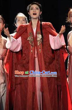 The Book of Songs Cai Wei Traditional Chinese Classical Dance Red Dress Stage Show Costume and Headdress for Women