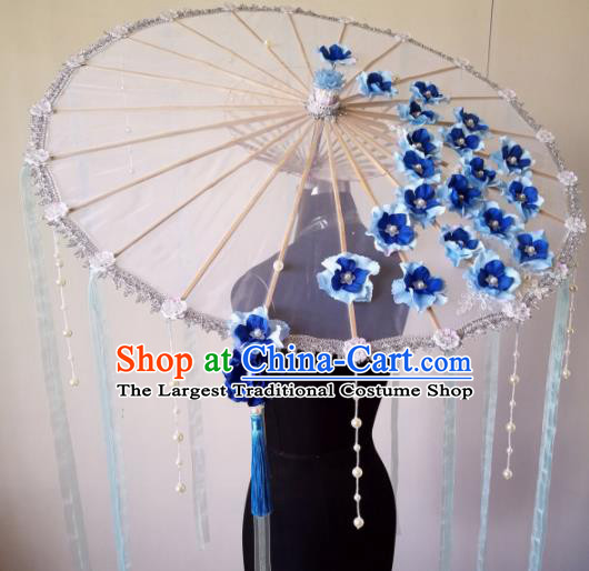 Traditional Chinese Classical Blue Flowers Umbrella Ancient Hanfu Tassel Umbrellas for Women