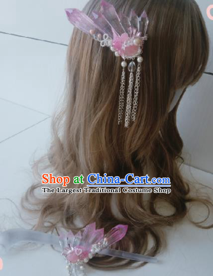 Traditional Chinese Cosplay Swordsman Pink Crystal Hairpins Ancient Hanfu Hair Accessories for Women