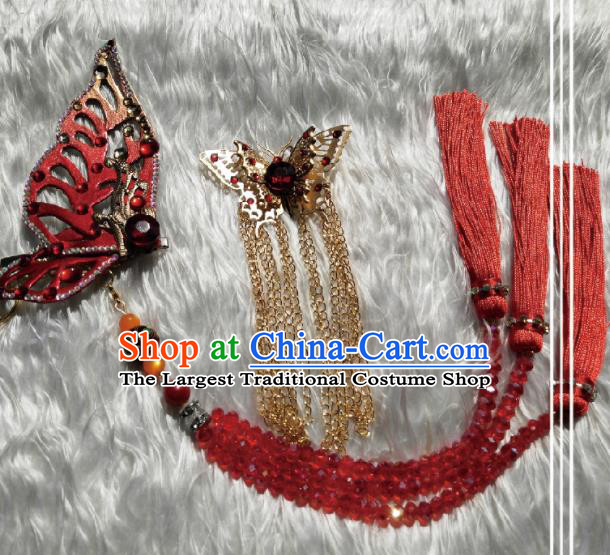 Traditional Chinese Cosplay Female Swordsman Red Butterfly Hair Claw Hairpins Ancient Princess Hanfu Hair Accessories for Women