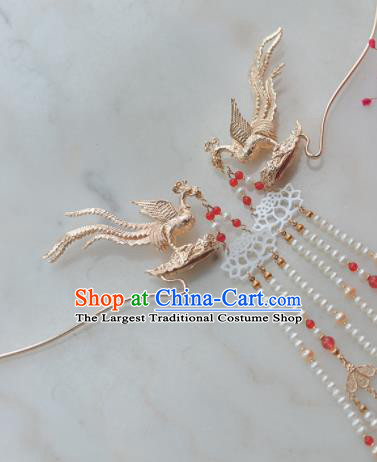 Traditional Chinese Classical Golden Phoenix Tassel Hairpins Ancient Princess Hanfu Hair Accessories for Women