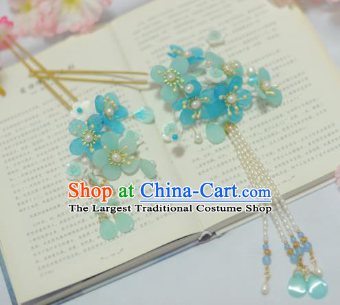 Traditional Chinese Classical Blue Plum Blossom Hairpins Ancient Princess Hanfu Hair Accessories for Women