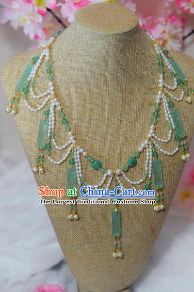 Traditional Chinese Hanfu Green Jade Pearls Necklace Ancient Princess Tassel Necklet Accessories for Women